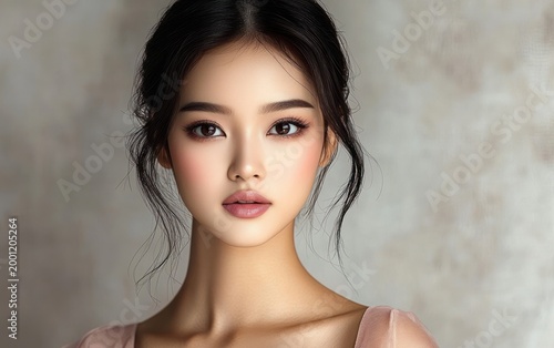 elegant head-and-shoulders portrait of a woman with dark hair in a loose updo, exposed neck and collarbones, wearing a sheer pink off-shoulder top against a neutral textured backdrop, serene mood