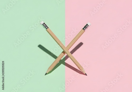 Two sharpened wooden drawing pencils are arranged in a cross formation over a split pastel green and rose pink surface, casting distinct shadows that enhance the artistic composition