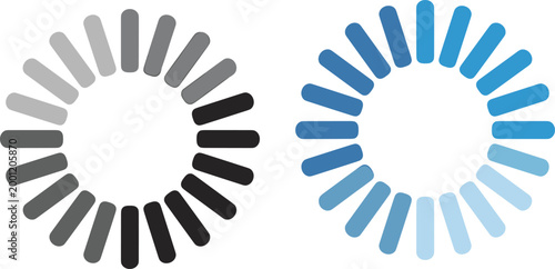 Digital loading progress indicator icon set featuring blue and gray circular buffering wheels for website and mobile app interface