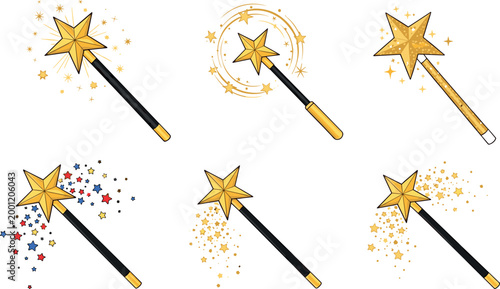 Magic wand set with star sparkles vector illustration collection fantasy wizard tools glowing effects isolated design pack