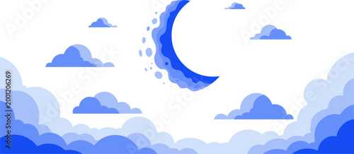 Blue crescent moon floating among stylized clouds vector can Editable