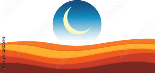Crescent moon rising over layered desert sand dunes vector can Editable