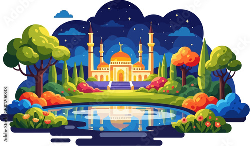 Mosque reflected in a garden pond under the night sky vector can Editable