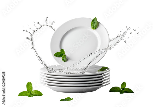 Sparkling Clean Plates, Water Splash, Fresh Mint on white background , Isolated on Transparent Background, PNG, Generative AI 
