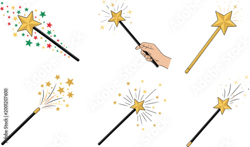 Valokuva Magic wand with hand and sparkles set vector illustration collection fantasy sta