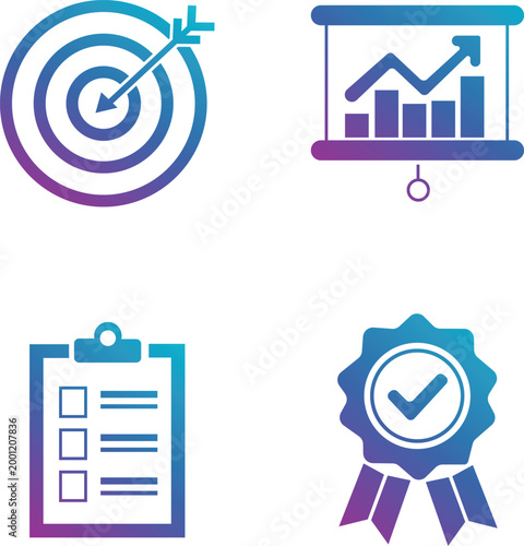 Business Goal Achievement Icon Set  Target Arrow Chart Growth Checklist Award Badge Success Vector Gradient Illustration Collection