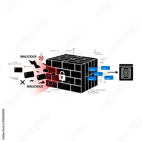 Firewall blocking malicious attacks from entering a server, network security concept.