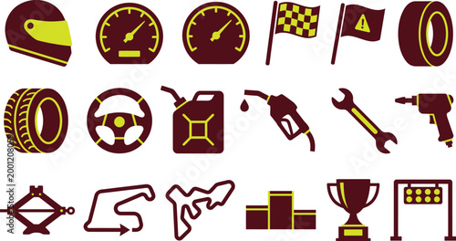 A collection of fifteen flat racing icons featuring vehicles parts track layouts and grand prix winning awards