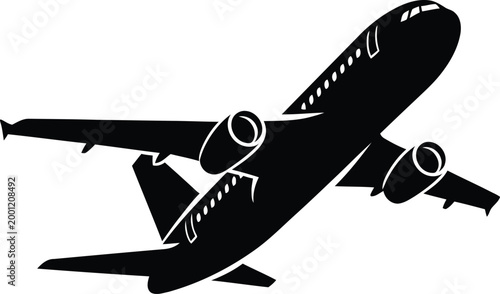 Airplane silhouette vector, commercial aircraft taking off, black jet plane icon on white