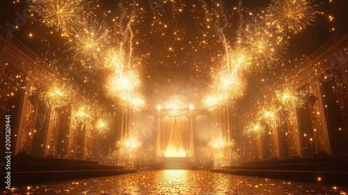 majestic golden palace hall with soaring fireworks, glowing sparks, shimmering reflections and draped stage curtains evoking awe and triumphant celebration