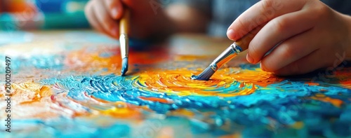 Two hands using paintbrushes to create thick blue and orange swirls on a textured canvas, vibrant impasto strokes conveying playful creative focus