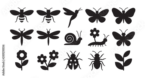 Set of black insect icons including butterflies, dragonflies, bees, snail, ladybug, and flowers.