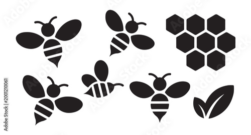 Set of bee icons with honeycomb pattern and leaf, black silhouettes in various poses.