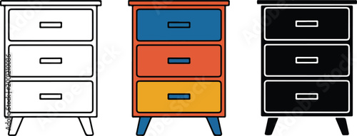 Modern bedside nightstand chest of drawers vector set in colorful flat line art and black silhouette icon styles, isolated on white background.