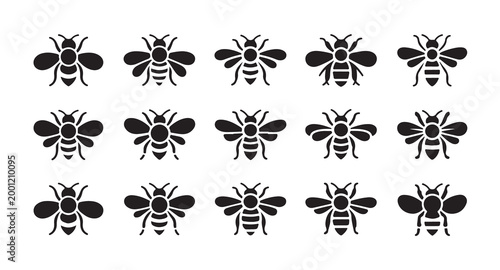 Set of 15 identical bee icons, black silhouettes arranged in a uniform pattern.