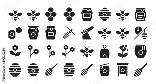 Apiary and honey related icons with bees jars combs dippers and beehives.
