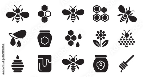 Honey bee collection with honeycomb shapes and wooden dipper and organic honey jars symbols.
