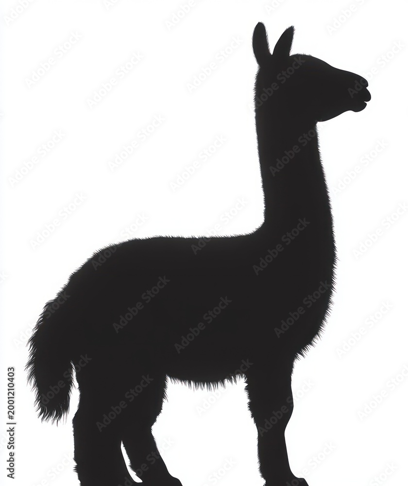 Fototapeta premium silhouette of a standing black llama with long neck, pointed ears, fluffy fur and tail, stoic calm side profile on a white background