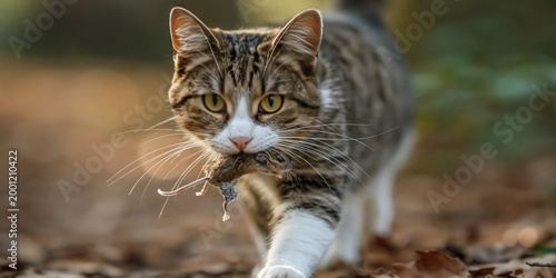 Cat holding its prey - housecat predator hunting a pest