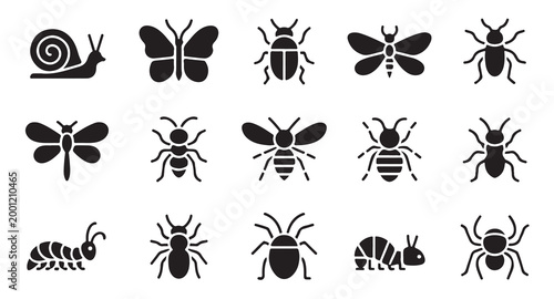 Insect icons set, bug, snail, butterfly, beetle, ant, bee, caterpillar, centipede, spider.