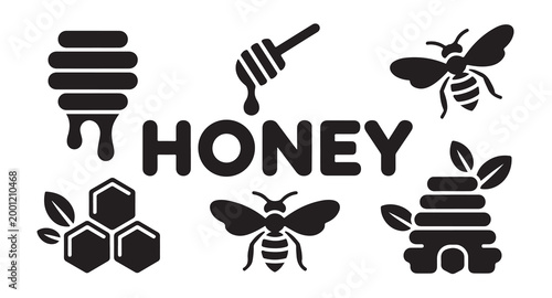 Set of beekeeping related flat vector icons, honey, bee, honeycomb, beehive, honey dipper.