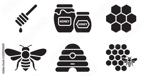 Honey and bee icons with dipper, jars, honeycomb, bee, and hive in a clean design.