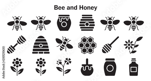 Bee and honey icon set with bees, jars, hive, dipper, and floral elements.