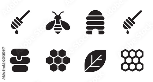 Honey and bee related icons featuring dipper, bee, hive, honeycomb, and leaf.