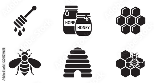 Honey and bee icons with dipper, jars, honeycomb, bee, and hive on a white background.