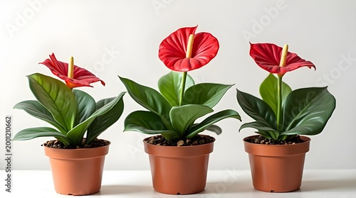 three Anthurium plants in bloom