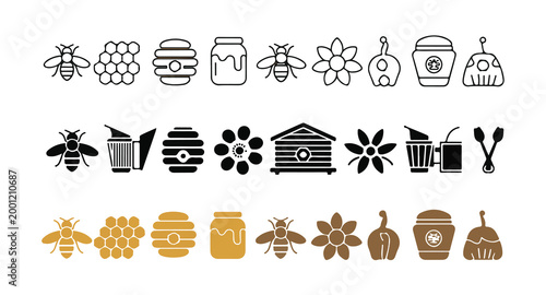 Beekeeping icons set including bees honeycomb hive and honey jars for organic product branding.