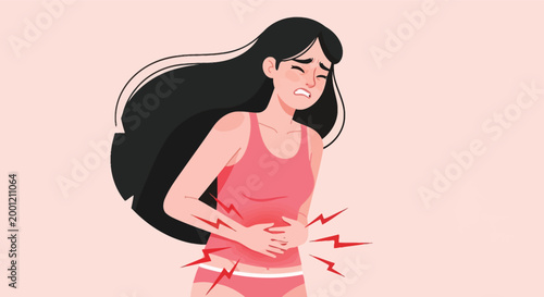 Abdominal pain vector illustration, woman suffering from stomach ache, menstrual cramps