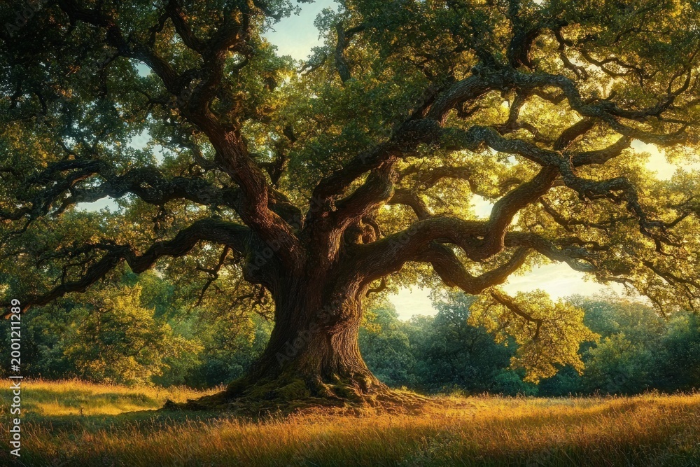 Fototapeta premium Majestic ancient oak with sprawling branches in a sunlit meadow, golden hour glow and a tranquil forest backdrop