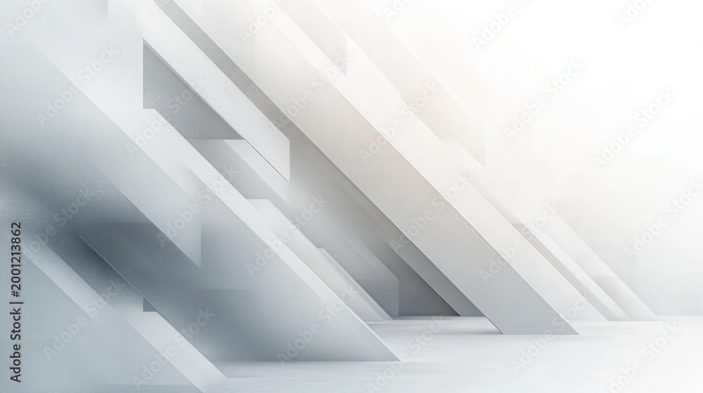 Obraz premium minimal white architectural interior with angled geometric slabs, diagonal openings and soft light creating a serene futuristic calm