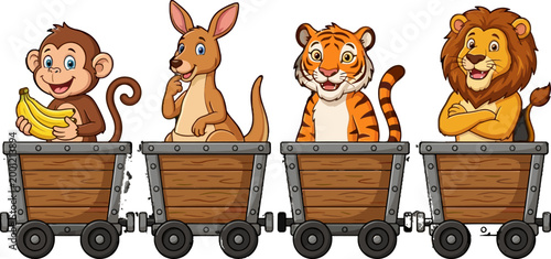 A whimsical train ride featuring a cheerful monkey with bananas, a playful kangaroo, a majestic tiger, and a proud lion, all in separate carts, evoking a sense of adventure and fun