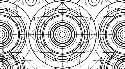 Abstract Geometric Circles Pattern in Black and White with Concentric Rings and Intersecting Lines, Minimalist Design