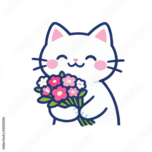 Billede på lærred Vector illustration of an adorable cat carrying a flower bouquet, perfect for an icon or logo, symbolizing romance, affection, and sweet love in a clean and playful design