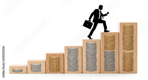 Businessman climbing up wooden blocks with coin stacks isolated on white background