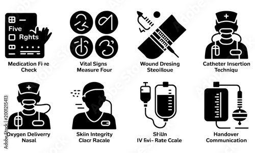 Medical procedures and healthcare icons set including vital signs measurement and medication administration