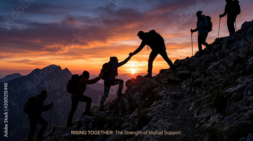 Team ascending mountain at sunset in silhouette - climbing, helping hands, and teamwork concept with group of people.