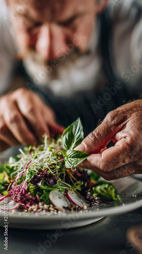 Chef garnishing a fresh salad with basil