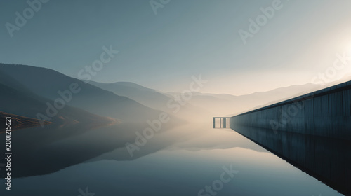 Fog calm water reflection mountain dam minimal landscape sunrise serene calm fog water reflection mountain dam minimal