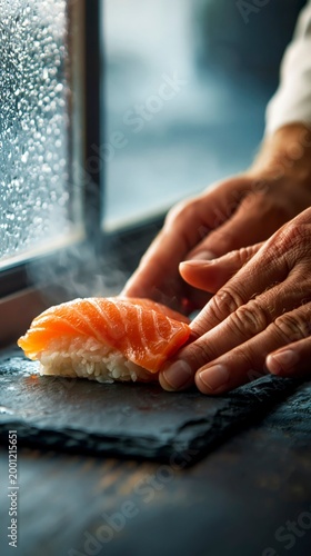 Chef preparing salmon sushi on slate plate