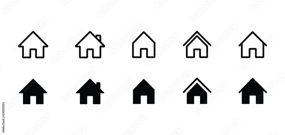 Fototapeta premium Minimalist home icon set, 10 black house vector symbols, modern real estate outline and solid web buttons, simple residential building silhouettes