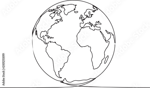 Continuous one line earth drawing globe minimal vector illustration isolated on white background
