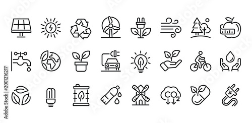 Ecology line icons set, 24 green energy and environmental sustainability vector symbols, renewable power and recycling outline graphics for web design