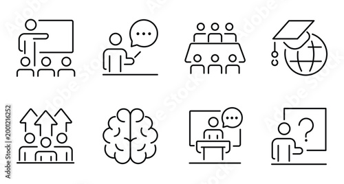 Modern education and training line icons, set of 8 business seminar and workshop vector symbols, professional learning and development signs