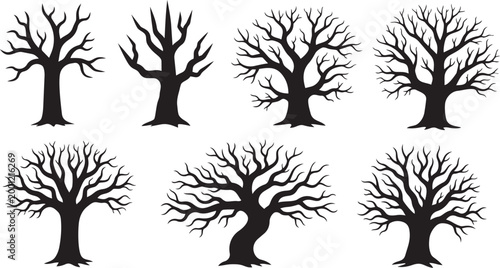 Dead dry tree silhouettes set spooky forest trunks black vector illustration isolated on white background