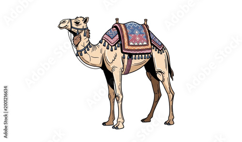 Cartoon illustration of a dromedary camel with traditional saddle and bridle