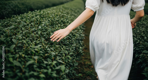 Young woman in a white dress walking through a lush green tea plantation and touching the tea leaves with her hand